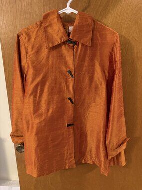 Anu 100% Pure Silk Jacket Long Sleeve Collared Burnt Orange Copper Size Small